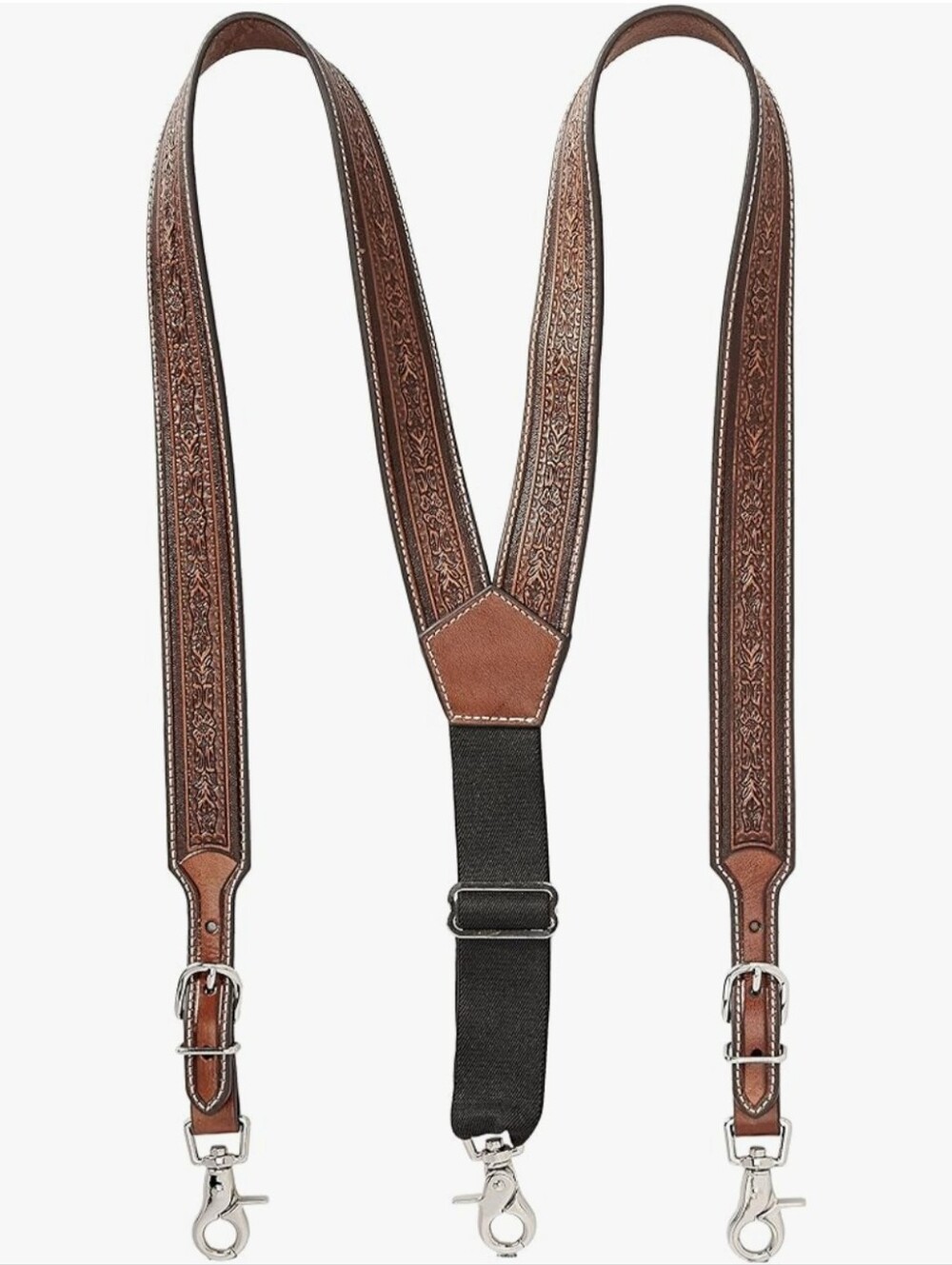 NOCONA Men's XL Brown Tooled Leather Suspenders With Swivel Clasps